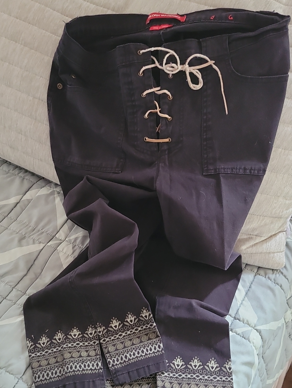 Gloria Vanderbilt Black Lace-Up Skinny Jeans with Embroidered Hem